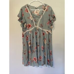 Umgee Boho Mini Dress Size M Sage Green Floral Lace Trim Lace Up Flutter Sleeve